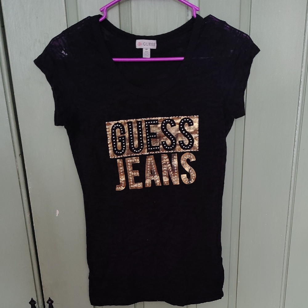 Guess Sheer Black Tee with Gold Lettering